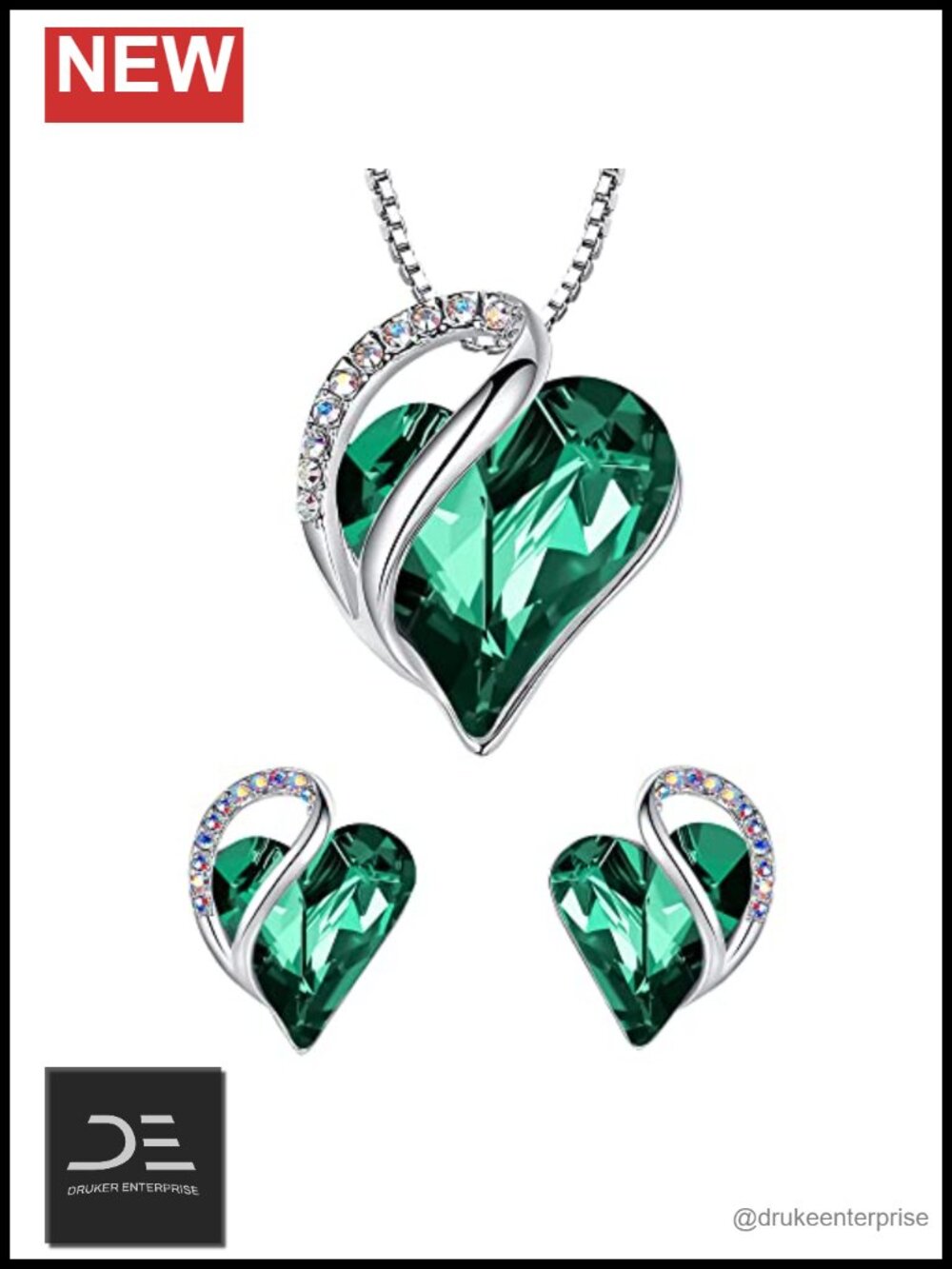 Heart Necklace & Earring Jewelry Set, Crystal Silver Tone